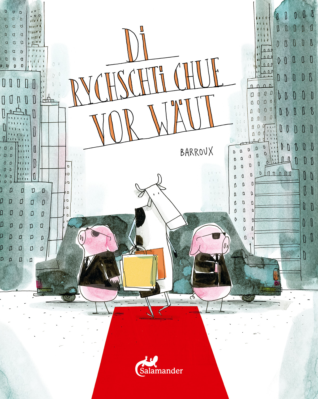 Cover des Buchs «D Chue, wo uf en Baum gchlätteret isch» von Gemma Merino aus dem Salamander Verlag: Eine Kuh hängt am Ast eines Baums.