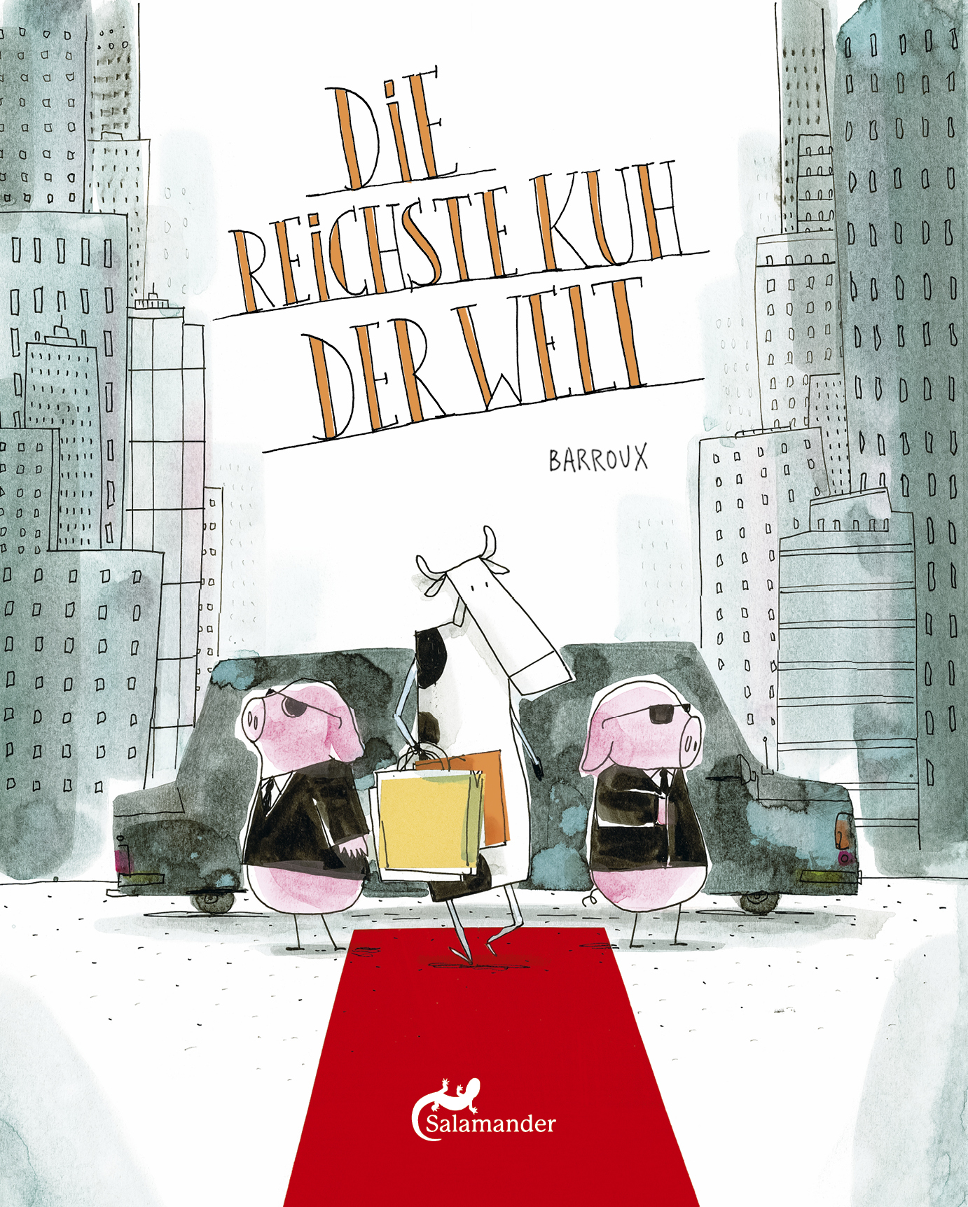 Cover des Buchs von «Die Kuh, die auf einen Baum kletterte» von Gemma Merino aus dem Salamander Verlag: Eine Kuh hängt am Ast eines Baums.